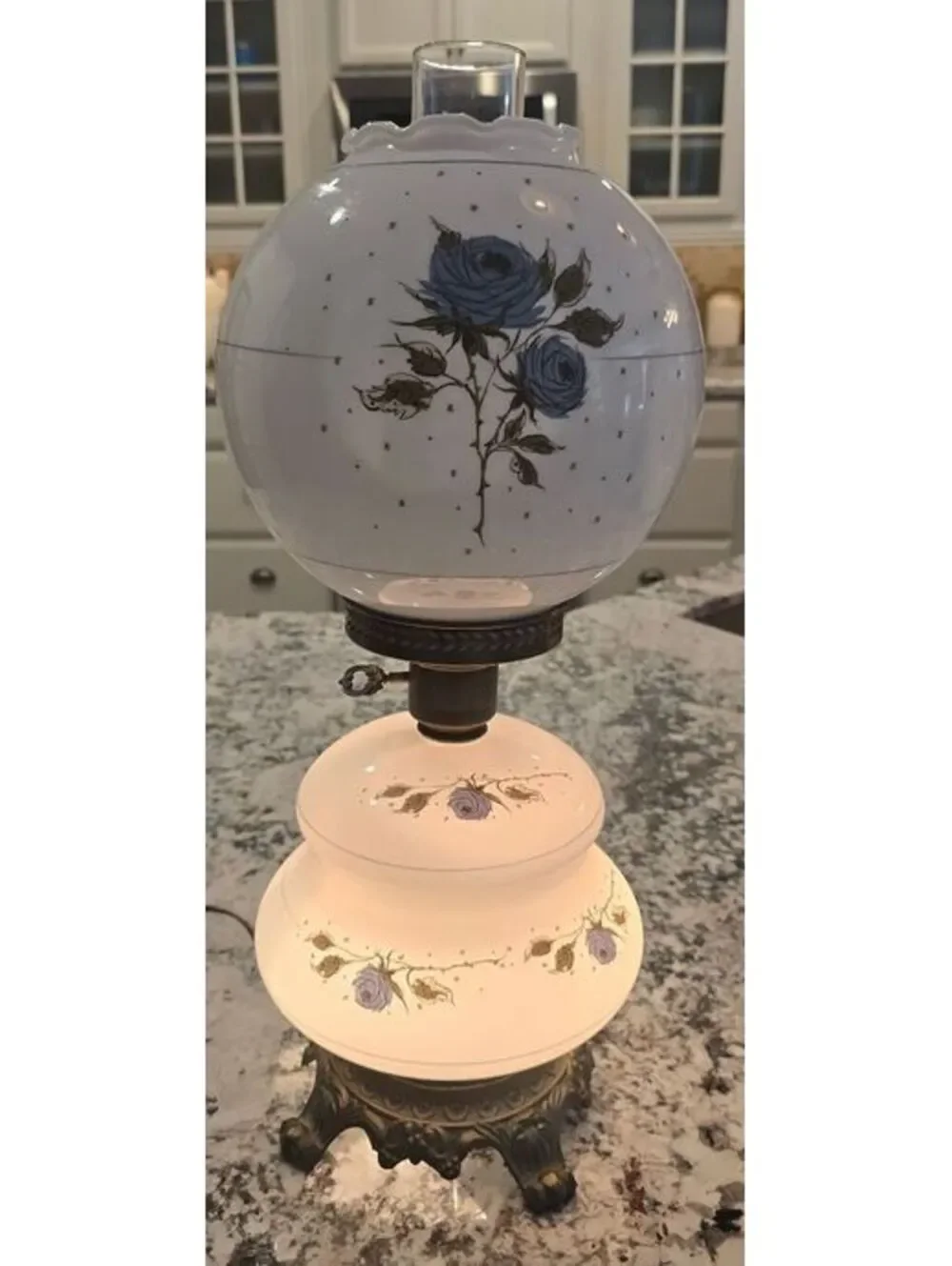 Vintage Gone With the Wind Hurricane Lamp Blue Roses 3-Way Satin Glass 21